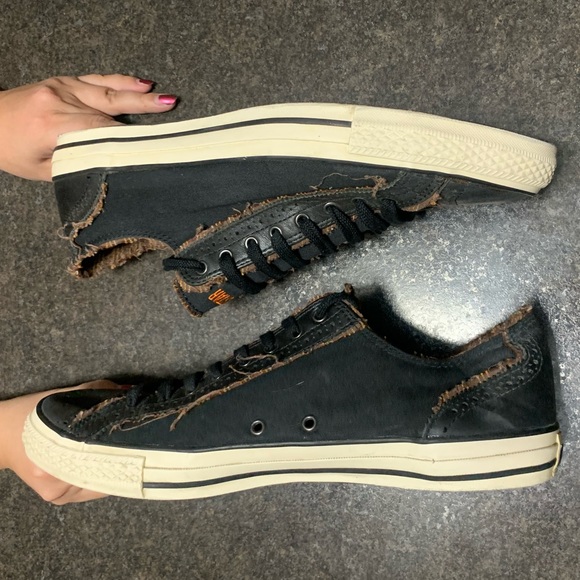 Converse Black Brown Leather Spectator Detail Worn Shredded Distressed